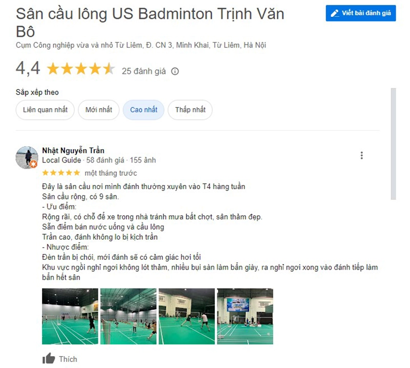Bài đánh giá trên sân cầu lông Us Badminton Trịnh Văn Bô