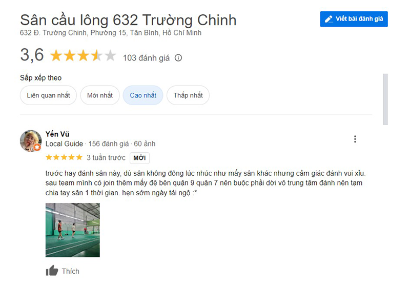 Phần lớn khách hàng đánh giá về sân khá mới, cơ sở vật chất, hạ tầng sân tiêu chuẩn