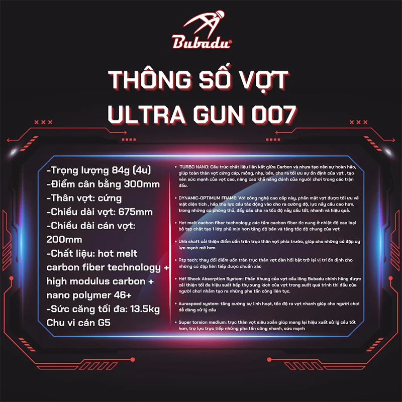 Thông số vợt Bubadu Ultra Gun 007